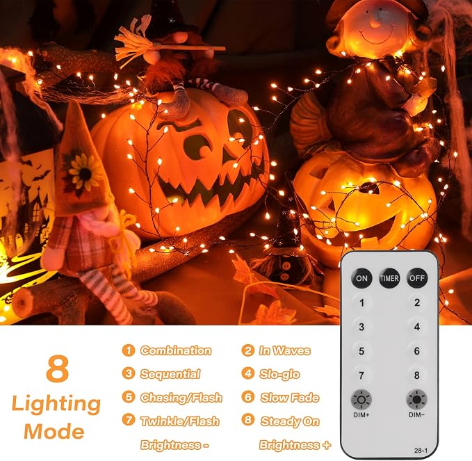 Halloween Fairy Lights Plug in, String Lights for Halloween Decorations | 10FT 200LEDs, 1 Pack with Remote, Orange, Waterproof Firecracker Lights for Ceiling Window Bar Haunted Theme Halloween Decor