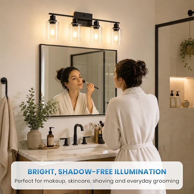 Ascher 4 Light Bathroom Light Fixture, Matte Black Bathroom Lighting Fixtures Over Mirror, Vanity Light with Clear Glass Shade, Wall Sconce for Living Room Bedroom Cabinet, E26 Base