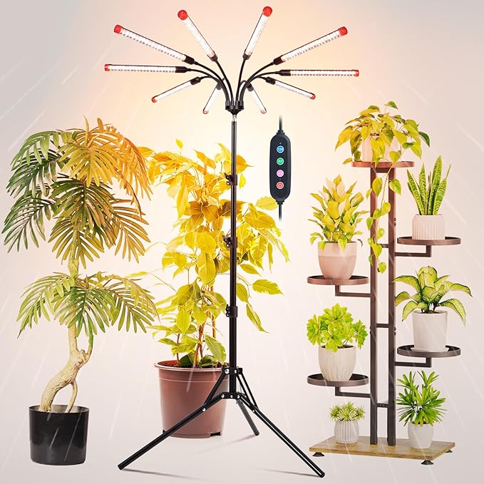 10Head Grow Light with Stand for Tall&Large Indoor Plants, Bonsai Tree, Big Coverage and Bright Plant Growing Lamps, 4/8/12/16/20H Timer, 90 Watt Power Draw, NO Need Adapter, 360° Gooseneck