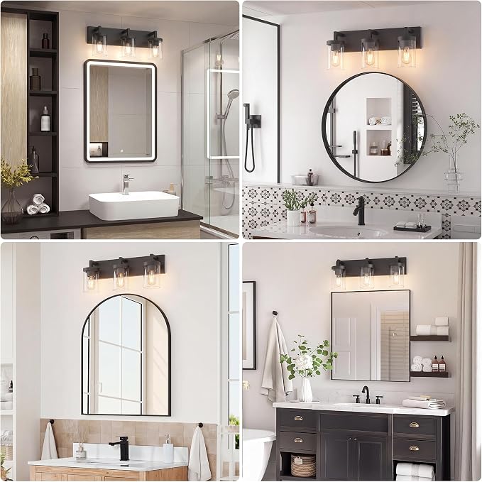 Bathroom Vanity Light, 3 Light Matte Black Vanity Lights with Clear Glass Shade, 22in Modern Wall Sconces, Bathroom Lighting Fixtures Over Mirror