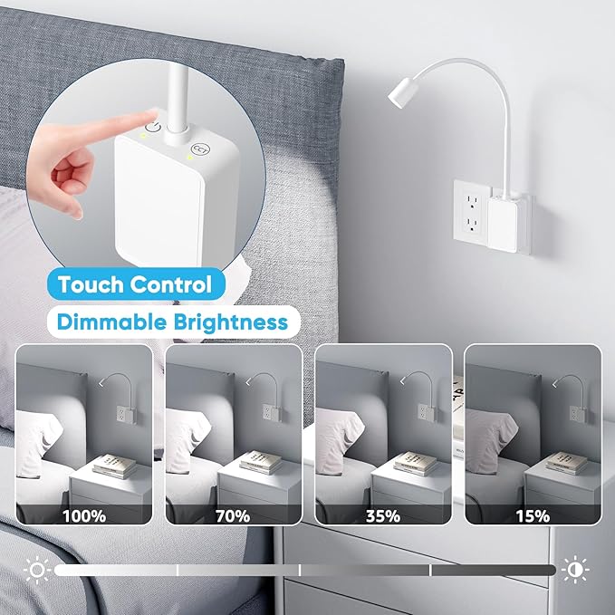 Plug in Dimmable LED Wall Reading Night Light for Books in Bed, Flexible White Wall Sconce Lamp with Power Plug for Bedroom Kitchen, 3 Lighting Color Modes, 50° Spot Light Angle