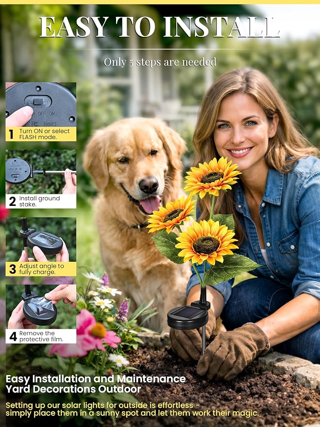 GIGALUMI Solar Sunflower Decor, 2 Pack LED Sunflower Gifts for Women | 3 Lighting Mode, Auto On/Off/Flash, Garden Decor, Waterproof Solar Garden Lightsoutdoor Outdoor Fall Decor for Patio, Yard