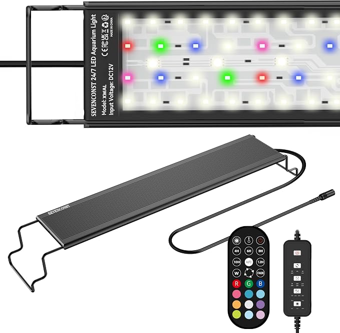 24/7 LED Aquarium Light with Remote for 24-30 Inch Plant & Fish Tank IP68, 12-Color & Gradient & Full Spectrum Light with Timer, Auto On/Off, Brightness, Extendable Brackets for Freshwater