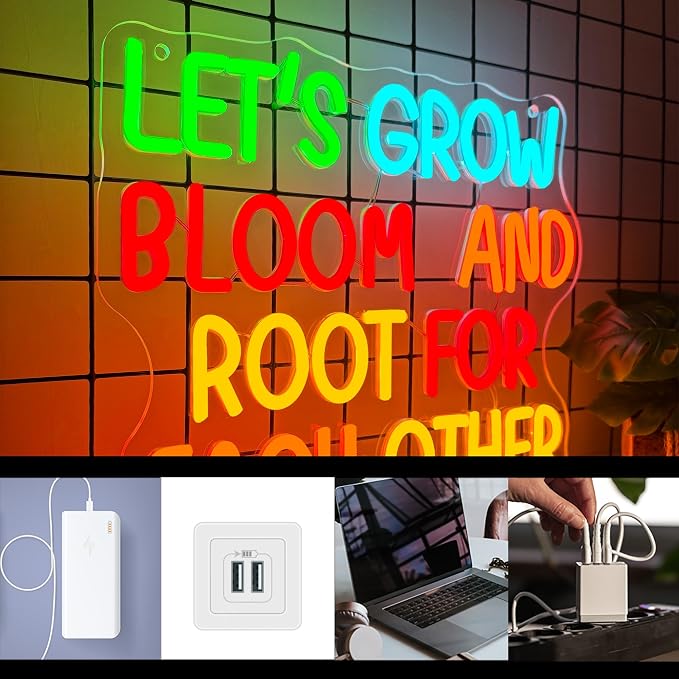 Lets Grow Bloom And Root For Each Other Wall Art Hanging Neon SIign Boho Classroom Neon Light Wall Decor for Classroom Poster Homeschool Therapy Office Playroom Decor Motivational Inclusive Class(13.3*11.4in)