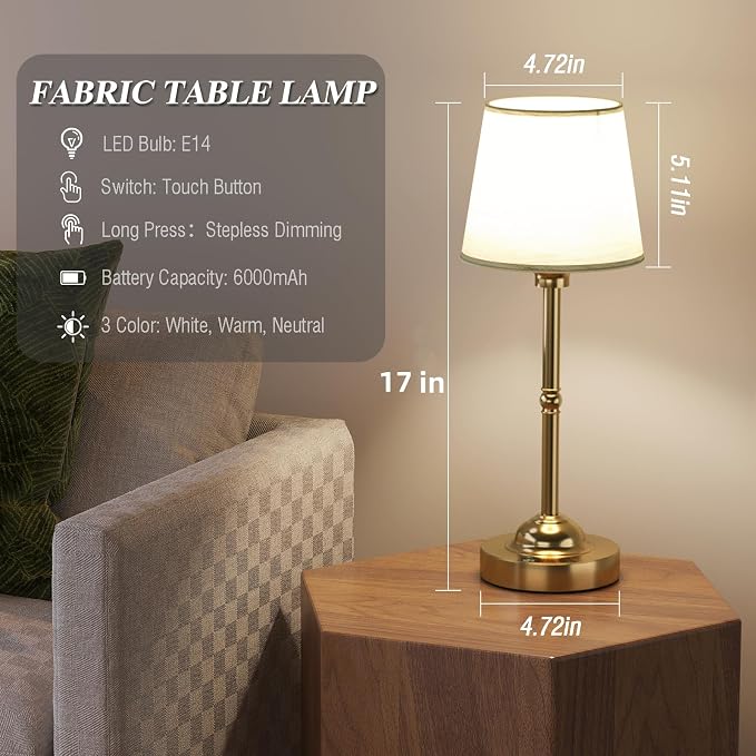 CHLORANTHUS 2 Pack Cordless Table Lamps, 3 Colors Stepless Dimming Fabric Desk Lamp, 6000mAh Rechargeable Battery LED Desk Lamp, Touch Night Light for Bedroom, Dining, Desk, Cafe