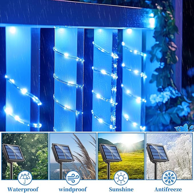 ANJAYLIA 33FT 100 LED Solar Rope Lights Outdoor Waterproof, Solar Powered Rope String Lights with 8 Modes for Outdoor, Patio, Garden, Camping, Holiday & Christmas Décor Blue
