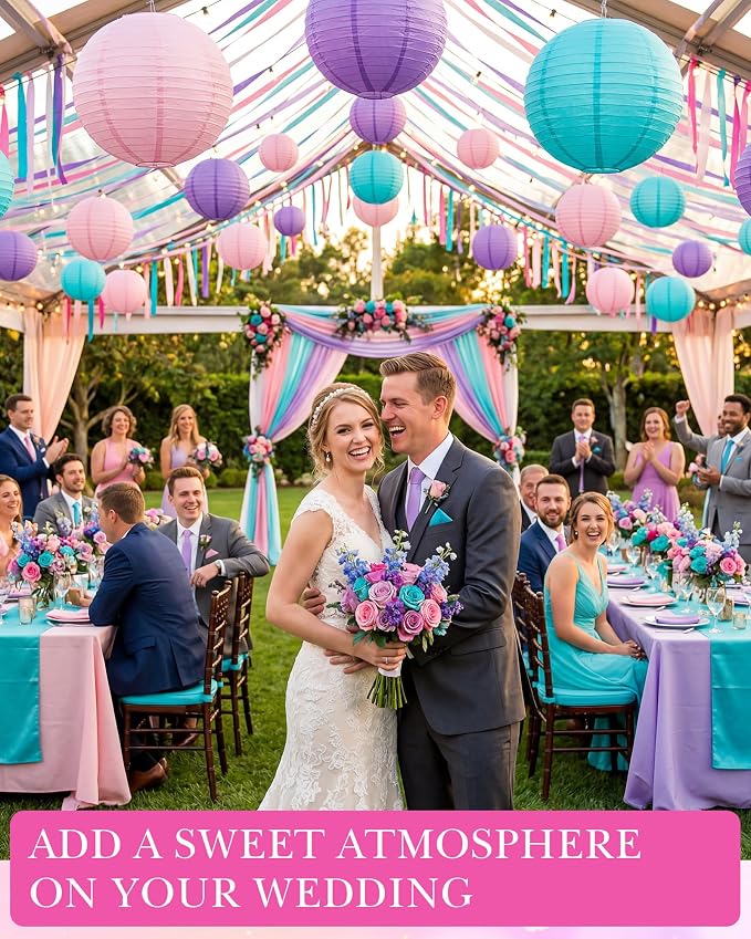 Treela 48 Pcs Paper Lanterns Party Decorations Round,Purple | Chinese Hanging Lamps, Wedding, Party Supplies, Birthday Bridal, 4/6/8/10 Inch, Easy Setup, Asian Decor, Festive Atmosphere