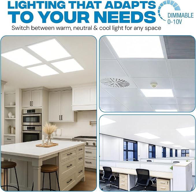 2x2 LED Light Flat Panel, 30-72W, 5 CCT 3K|3.5k|4K|5K|6.5K, Dimmable Recessed Drop Ceiling Lights, 3750/5000/6250/7500/9000 Lumen, Lay in Fixture for Commercial (2x2 FT LED - 12 Pack)