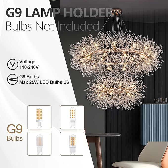 Wellmet Gold Crystal Chandelier 43.3 Inch 2 Tier Modern Firework Chandelier,Mid Century Round Ceiling Lighting for High Ceiling Light for Bedroom Dining Room,Kitchen,Living Room,Entryway,Hallway
