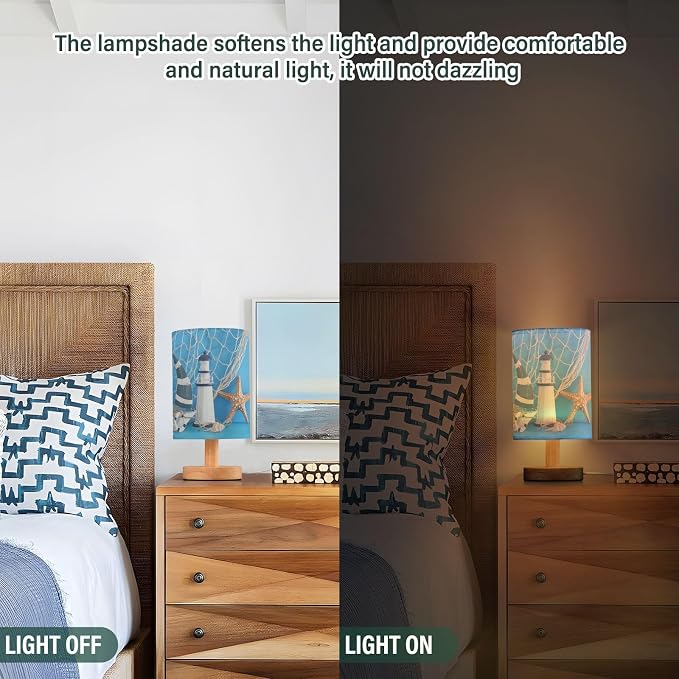 Table Lamp Nautical Sailboat Lighthouse Starfish Seashell Fishnet Blue Wood Nightstand Lamp with Wood Base Fabric Lamp Shade Bedside Desk Lamp for Living Room Bedroom Kids Room Office