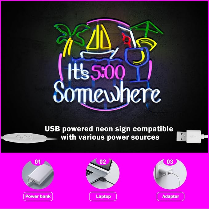 It's 5:00 Somewhere Neon Sign, 14x14 Inch Cocktail Theme LED Light with Dimmable Switch for Party and Home Decoration