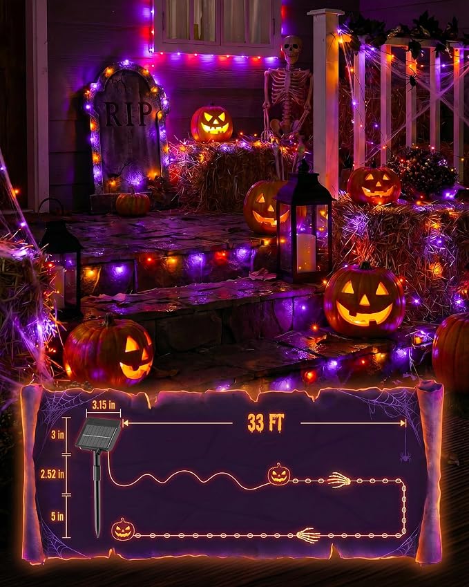 Minetom Solar Halloween Lights, 2 Pack Total 66Ft 200 LED String Lights | Solar Fairy Lights Outdoor Waterproof with 8 Modes, Twinkle Lights for Patio Yard Garden Tree Patry DIY Decor (Orange&Purple)