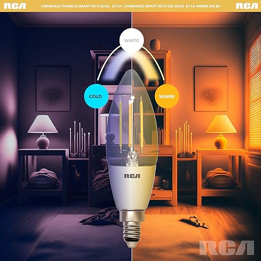 RCA WiFi Smart Light Bulbs Alexa Devices Compatible, Google Home, Amber B11 Vintage LED Light Bulb, 4W (40W Eq), 320 Lumens Dimmable LED Light Bulbs, Control with Smartphone, Tunable