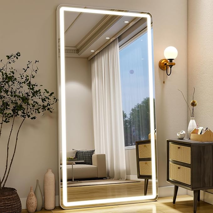 Easly 76"x 34" Full Length Mirror with Lights, LED Lighted Floor Standing, Hanging Full Length with Stand, Full Body Dressing Mirror with Dimmable 3 Color LED