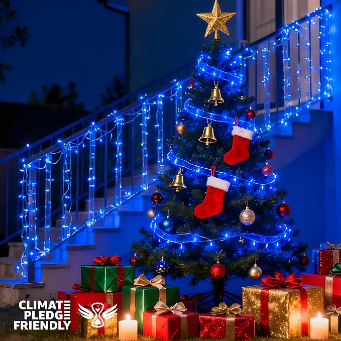 33FT 100 LED Blue Christmas Twinkle String Lights Indoor Outdoor | 8 Modes with Memory, Connectable, IP65 Waterproof, Transparent Wire, Up to 5 Sets, Widely use for Classroom, Bedroom, dorm