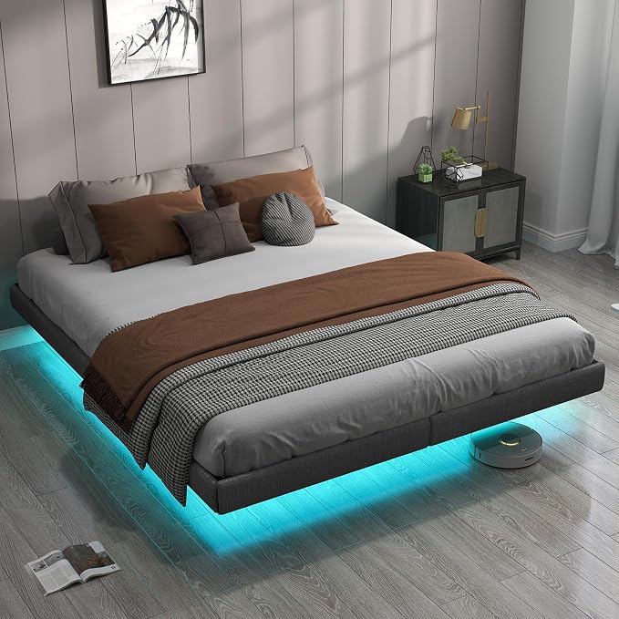 RVONOW Floating Bed Frame King with LED Lights, Under Bed Storage, Grey | Metal Platform King size Floating Bed Frame, Heavy Duty Steel Slats Support, No Box Spring Needed, Noise Free, Easy Assembly