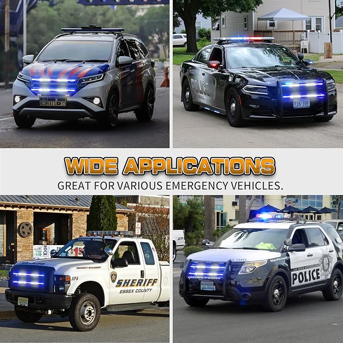 XRIDONSEN 2PCS 30 inch Blue White Grill Emergency Lights Strip 360 LED Tailgate/Rear Window/Grille Strobe Lights Flashing Warning Safety First Responder Lights for Firefighter Police Vehicles Trucks