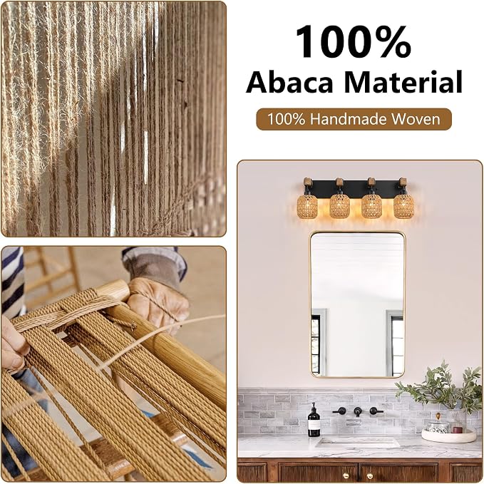 LmnLvn 4-Light Bathroom Vanity Light, Boho Farmhouse Rattan Handwoven Shade | Wood & Metal Frame, Rattan Vanity Light Design, Mounted Over Mirror, Easy To Install for Restroom, Bedroom & Hallway
