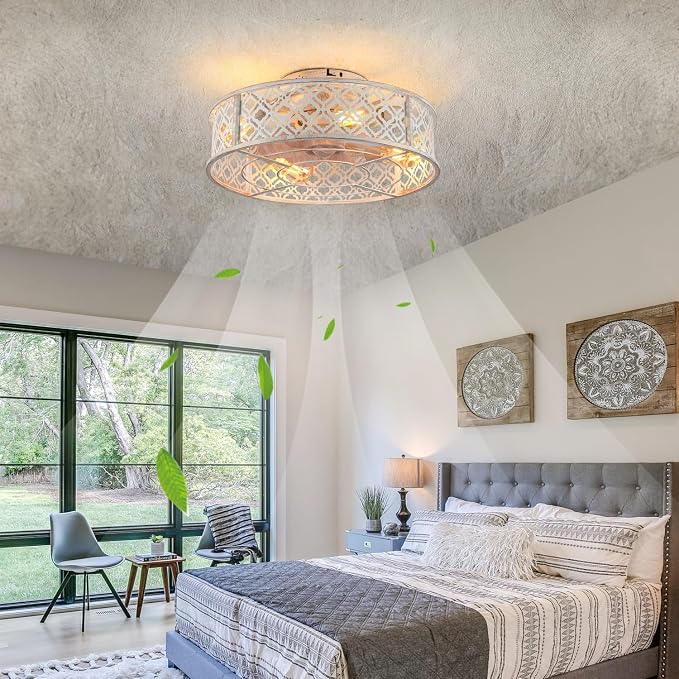 20" Caged Ceiling Fans with Lights Flush Mount Ceiling Fan with Remote,Small Black Low Profile Bladeless Ceiling Fan Light Fixture for Bedroom, Kitchen, Dining Room 4 bulbs Included,6 Speeds