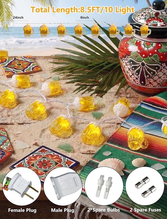 LED Beer Mug Camping String Lights, 8.5Ft Hawaiian Decor Lights Plug in | Connectable Tropical Beach Outdoor String Lights, 10 3D Beer Cup Bulbs, Summer Decor for Tent Holiday Party Garden