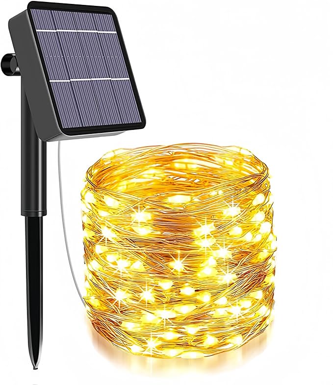 100FT 300 LED Solar Fairy Lights Outdoor Waterproof, Warm White | 8 Modes Solar Copper Wire Twinkle Lights with 6.5FT Lead Wire, Auto On/Off for Patio, Garden, Tree, Fence & Christmas Decor