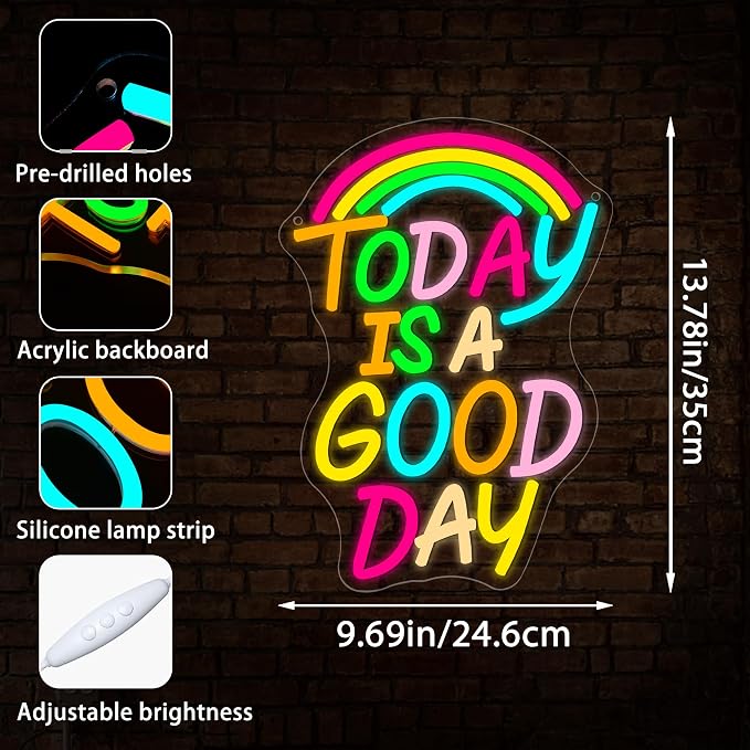 Today Is A Good Day Neon Sign for Wall Decor | Dimmable cheerful neon light, bedroom teen dorm wall decor, birthday gift for kids young adults, size 13.8*9.7 in