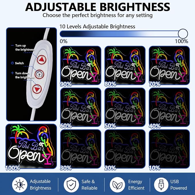 Bar Open Neon Sign for Wall Decor, USB Powered Dimmable LED Open Sign for Business, Tropical Open Neon Signs with Parrot & Palm Tree for Man Cave/Pub//Party/Office/Home Wall Decor (White)