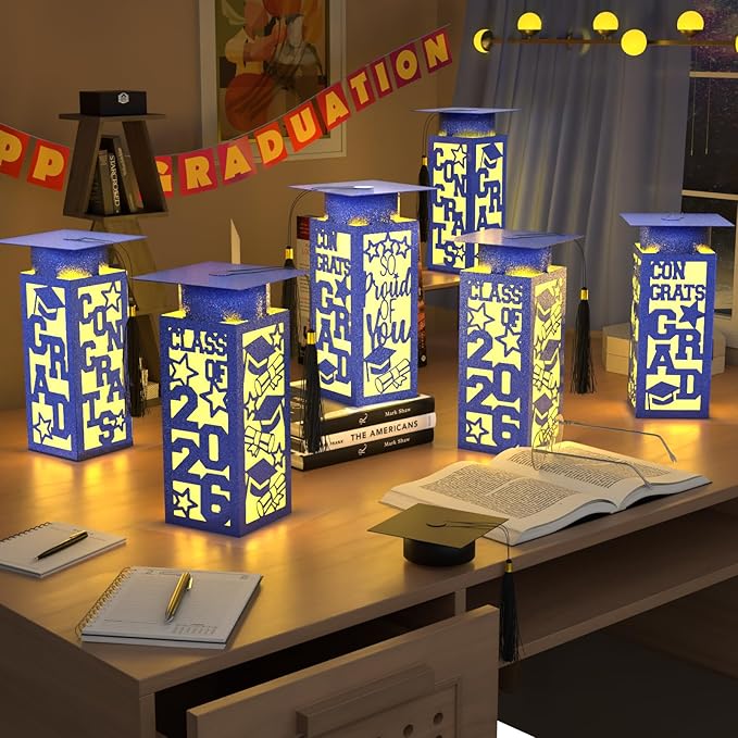12 Pcs Graduation Table Centerpieces Boxes Class of 2026, Blue Graduation Paper Lanterns Boxes with String Lights Hollow Out for Congrats Grad School College Table Decorations Grad Party Photo Props
