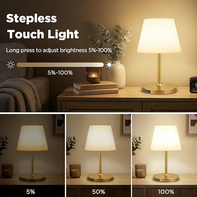 LUTEC Shower Lamp Waterproof, 6000mAh Rechargeable Cordless Table Lamp with 3 Color Temps and Stepless Dimming, Touch Control & Portable LED Nightlight for Bathroom, Desk, Outdoor(Gold)