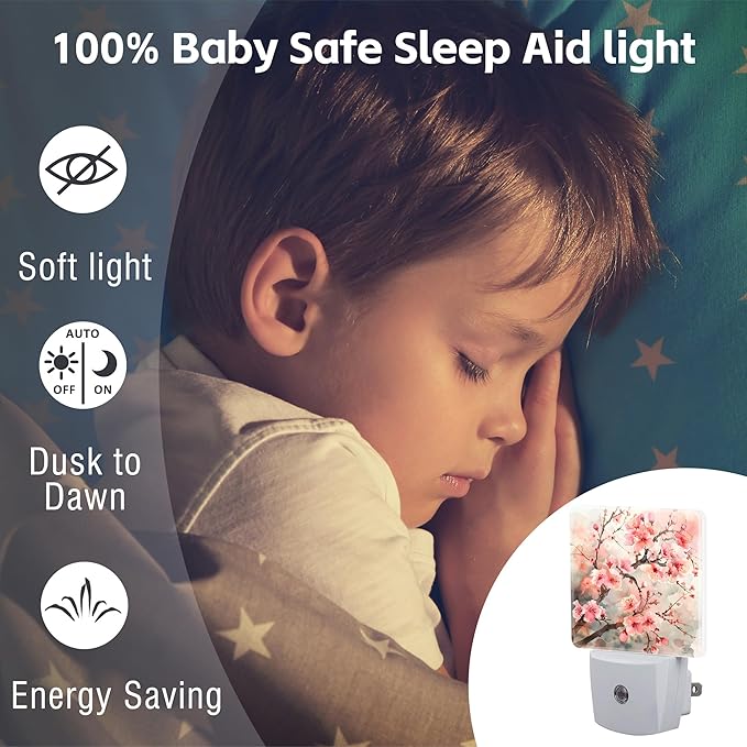 Cherry Blossom Tree Night Light Plug into Wall,Pink Watercolor Cherry Blossom Flowers Dusk to Dawn Night Light Plug in,0.5w Energy Saving NightLight for Kids Boys Girls Home Decor