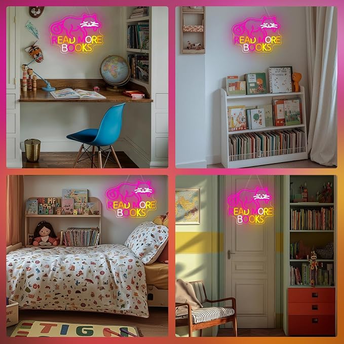 Cat Read More Books Neon Sign Led Light Dimmable LED Sign Bedroom Decor Neon Signs for Classroom Library Book Room Wall Decor Funny Gits for Children