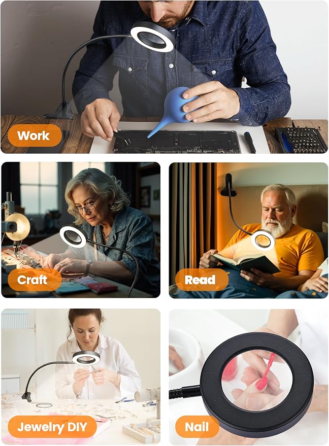 10X Magnifying Glass with Light,5 Colors+10 Brightness Magnifier with Light | 750 Lumen Magnifying Lamp, 58 LED Clip on Reading Lights for Books in Bed, Clip on Lamp for Desk/Headboard/Nail/Craft/Puzzle