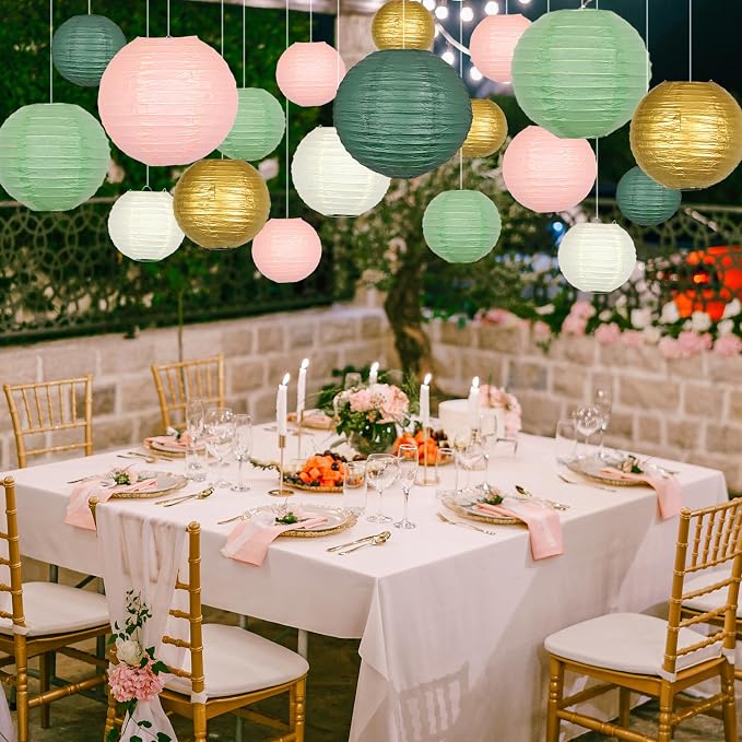 21 Pack Pastel Paper Lanterns, Sage Green Pink Gold Hanging Deco | Round Hanging Assorted Set for Birthday, Graduation, Wedding, Baby Shower, Valentine's Day, Classroom Decor & Photo Backdrop