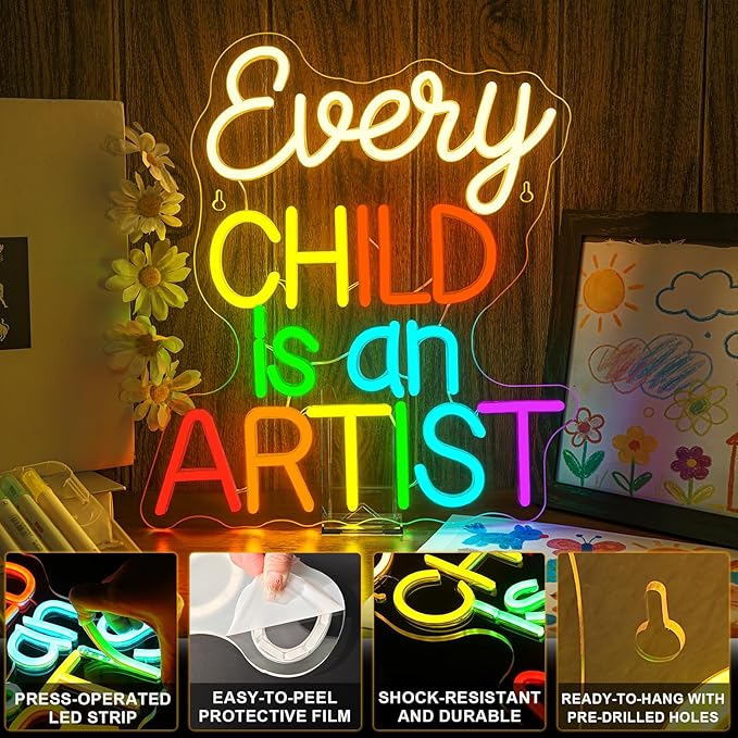 Classroom Lights Sign Every Child is an Artist Neon Sign Dimmable LED Lights Up Library Reading Neon Signs for Wall Decor in Art Classroom Reading Corner LED Books Decor Gifts for Teachers