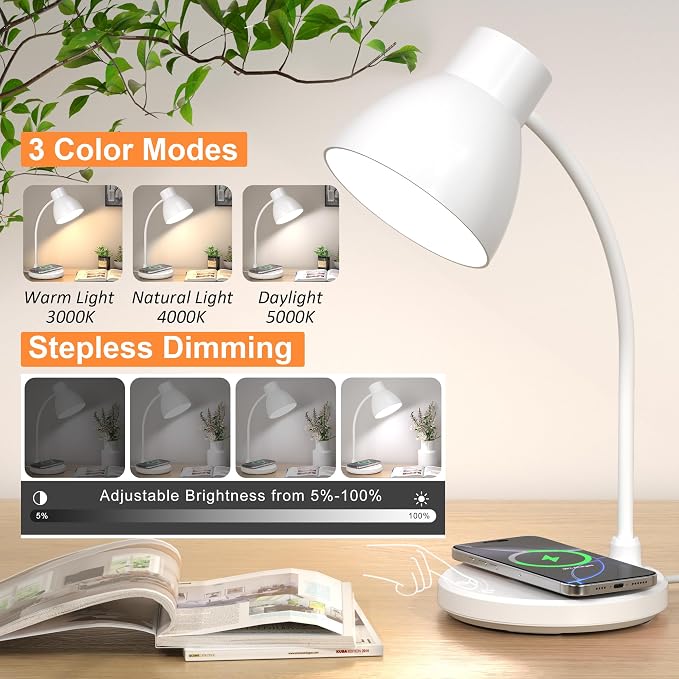 LED Desk Lamp for Home Office with Wireless Charger, White | 3 Color Modes Dimmable Eye-Caring Study Reading Dorm Desk Lamp, 360° Flexible Arm Table Lamp for College Dorm Room, 800 Lumen
