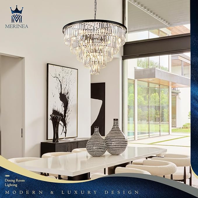 30" Black Crystal Chandelier Large Round Chandeliers Modern 16 Lights 5-Tier Luxury K9 Crystal Ceiling Pendant Lighting Fixture for Foyer Staircase Living Room Dining Room
