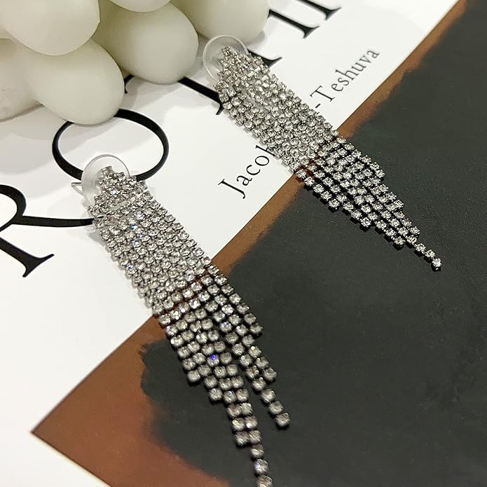 Luxval Rhinestone Earrings Dangling for Women Sparkly Silver Dangle Earrings Girls Long Chandelier Earrings Tassel Lightweight Ear Studs Cubic Zirconia Crystal Statement
