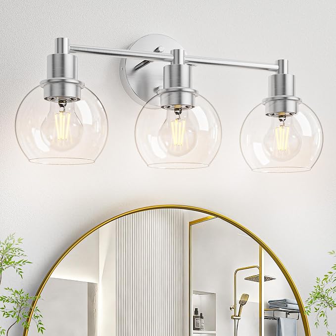 3 Light Bathroom Light Fixtures, Brushed Nickel Bathroom Vanity Lights, Modern Vanity Lights 3-Light Globe Bathroom Vanity Lighting Fixture Over Mirror