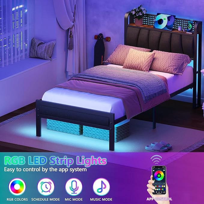Twin Size Bed Frame with Storage Shelf and Upholstered Headboard | Metal Platform Bed with LED Light, Charging Station and Heavy Duty Slats, No Box Spring Needed, Noise Free & Easy Assembly