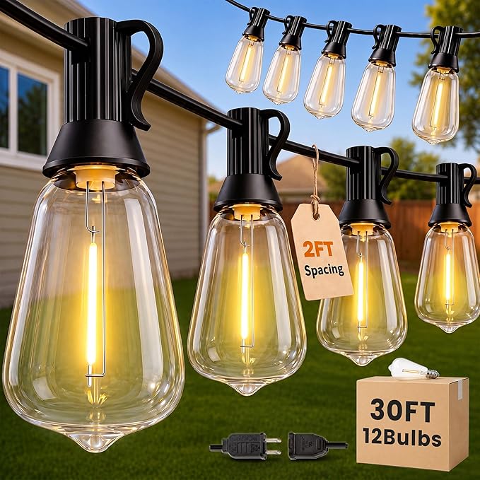 30FT(24+6) String Lights Outdoor, 2FT Bulb Spacing, Waterproof Shatterproof Warm White ST38 LED Edison Bulbs, Extension Cord, Plug in Connectable Hanging Patio Lights for Outside, Backyard
