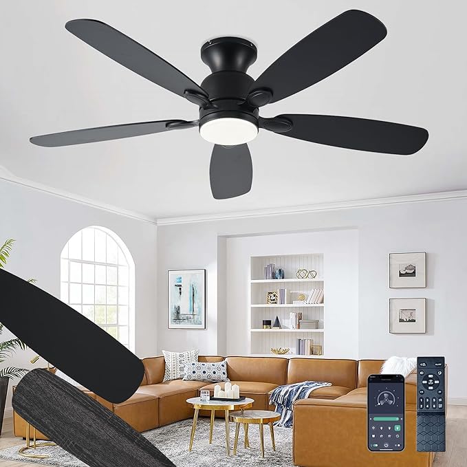 52inch Black Ceiling Fans with Lights, Low Profile Ceiling Fan with Light and Remote/APP Control, Reversible DC Motor, Noiseless, Dimmable, Flush Mount Ceiling Fan for Bedroom Living Room Patios