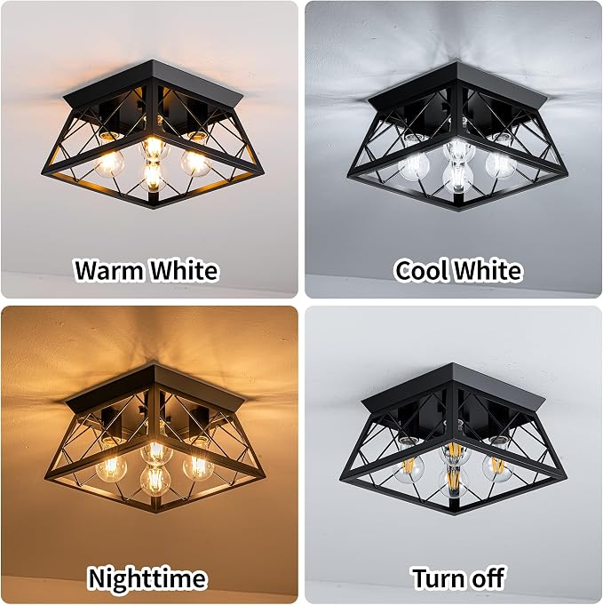 Mayful Black Farmhouse Flush Mount Ceiling Light Fixturet, 4-Light Rustic Hallway Light Fixtures, Square Industrial Close to Ceiling Light Fixtures for Kitchen Entryway Foyer, Bulb Not Included