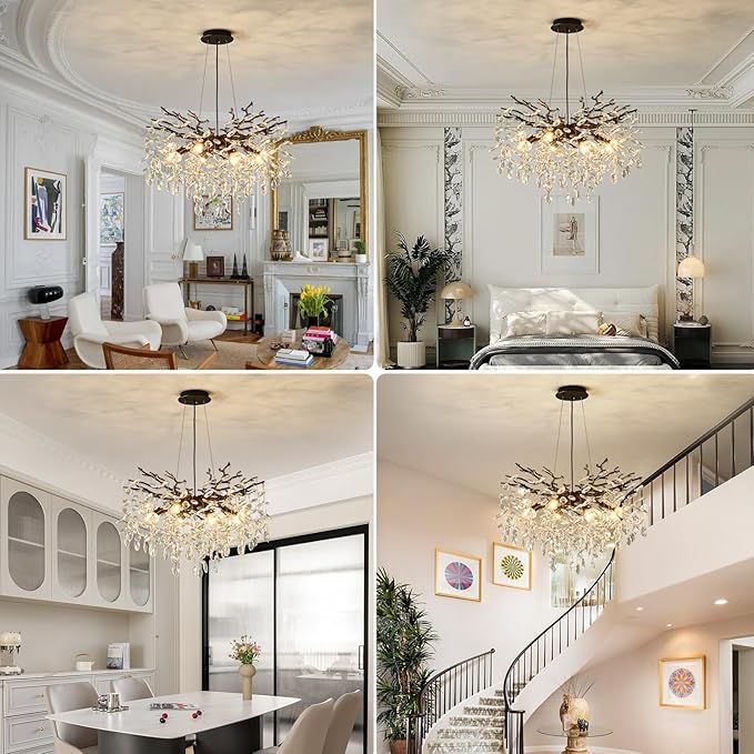 EGM Black 24 Inch Tree Branch Crystal Chandelier, Modern Raindrop Crystal Ceiling Light Fixtures 8-Light(E12), Hanging Round Chandeliers for Dining Room Living Room Bedroom Foyer