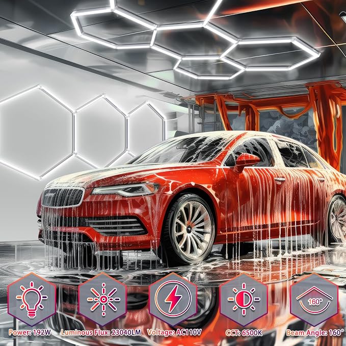 LED Hexagon Garage Lights, 24 Pack Car Garage Light Tubes, 192W, 23040LM, 6500K Super Bright, 5 Grid Systems Car Detailing LED Hex Light for Warehouse Workshop Basement Gym