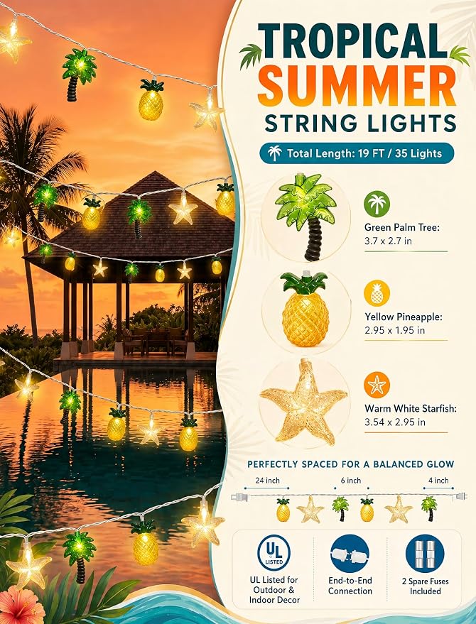 19Ft Hawaiian Beach String Lights Outdoor with 35 LED Starfish, Pineapple & Palm Tree Lights, Plug-in Tropical Party Decoration for Patio, Backyard, Garden, Window, Tiki Bar, Pool Party Decor