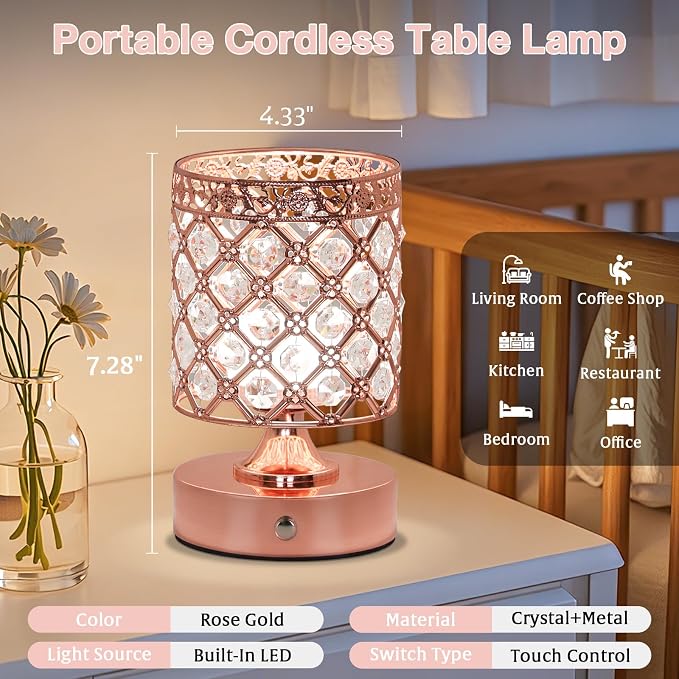 Rose Gold Small Crystal Rechargeable Cordless Table Lamps Set of 2 | 6000mAh Battery, 3 Color Temps, Stepless Dimming, Touch Control, Portable Wireless Night Light for Bar Bedroom Living Room
