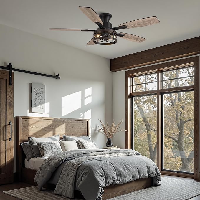 52 Inch Ceiling Fans with Lights and Remote & APP Control, Farmhouse Ceiling Fan with LED Lighting for Bedroom Living Room and Patio, Black Caged Ceiling Fan for Indoor and Outdoor(NO BULBS）