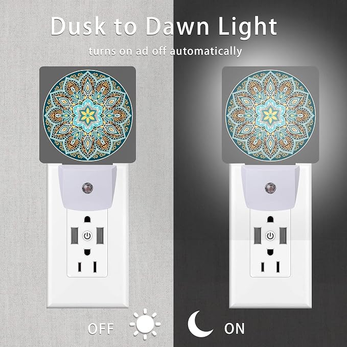 Mandala Floral Night Light,Yellow and Brown Ethnic Style Plug-in Night Lights with Dusk-to-Dawn Sensor for Stairway/Hallway/Bedroom Sleep Friendly lamp for Women/Girls/Boys Gift,0.5W
