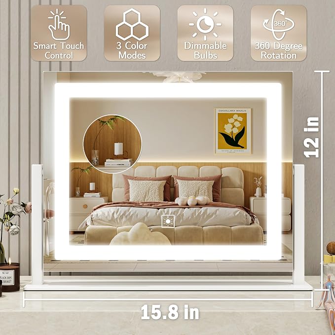 ROLOVE 16x12 Inch Vanity Mirror with Lights, Lighted Makeup Mirror with 10X Magnification, Smart Touch 3 Colors Dimmable, Dresser Mount, Bathroom (White)