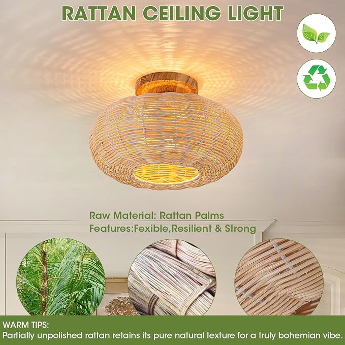 Rattan Ceiling Light Fixtures,Boho Chandelier Small Flush Mount Ceiling Light,12'' Handwoven Ceiling Lamps,Wooden Rattan Lampshade,Rustic Boho Ceiling Light for Bedroom,Hallway,Nursery,Farmhouse